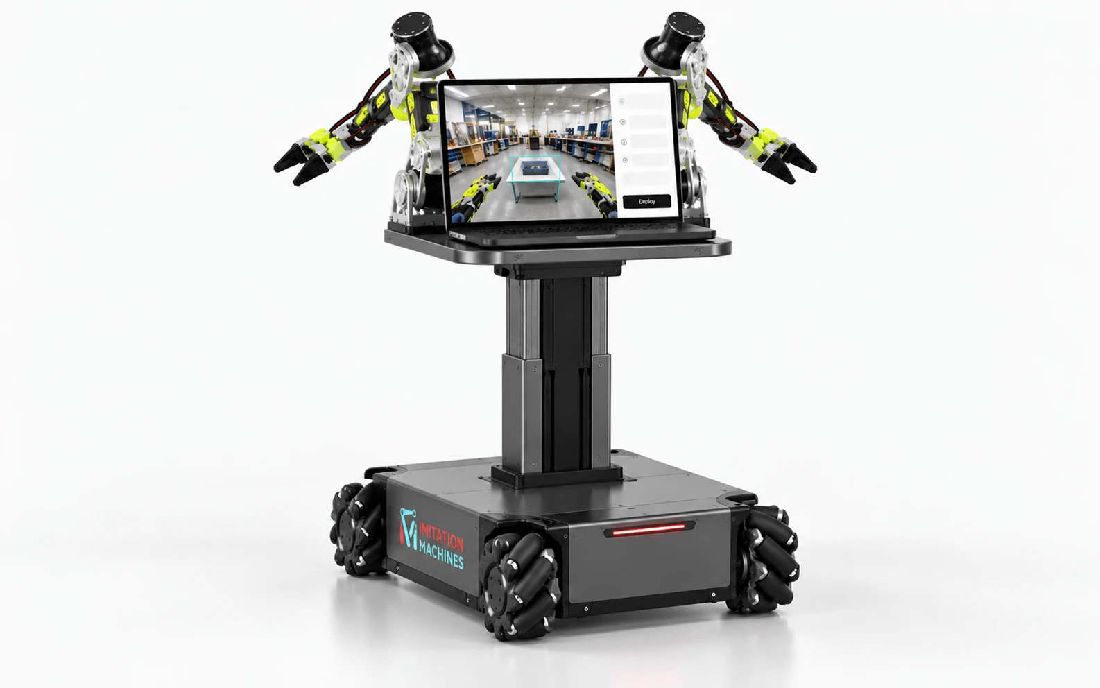 The Imitation Machines mobile robot: two reBot arms on a tall column above a compact base with omnidirectional wheels, and a laptop running Robot Learning Studio on its top deck.